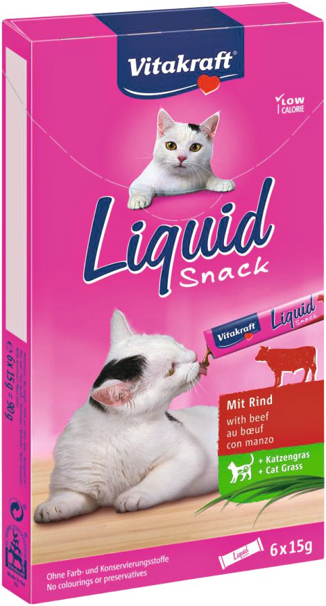 VITAKRAFT Katzensnack Liquid mit Rind & Katzengras 3 6er-Pack je 15 g