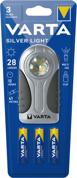 VARTA LED-Taschenlampe Silver Light inkl. 3x VARTA Longlife Power AAA Batterien 
