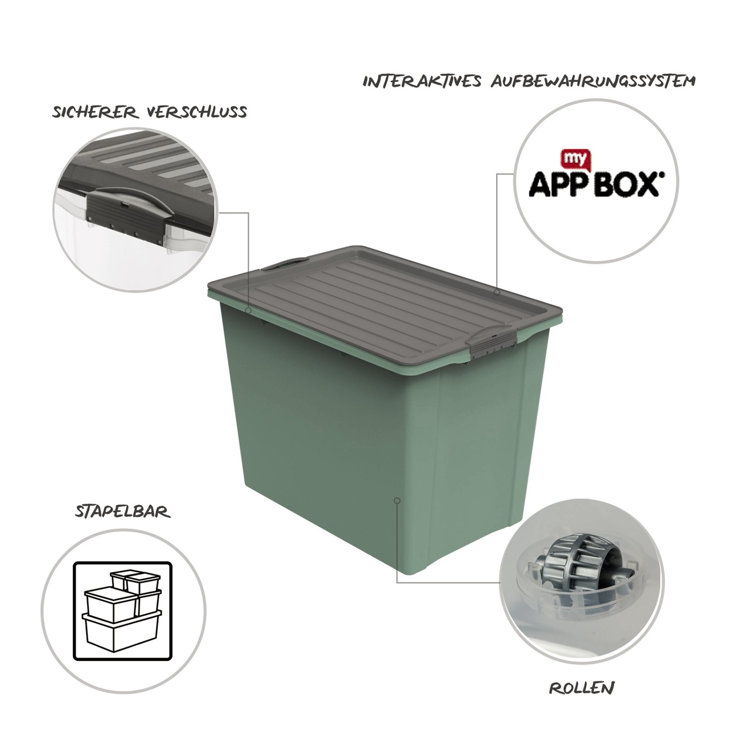 ROTHO Stapelbox mit Rollen Comp Eco Mistelgrün A3 70 l