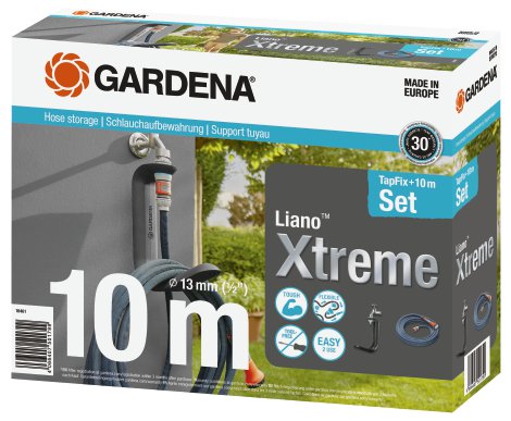 GARDENA Textilschlauch-Set Liano™ Xtreme 1/2" 10 m + Schlauchaufbewahrung TapFix