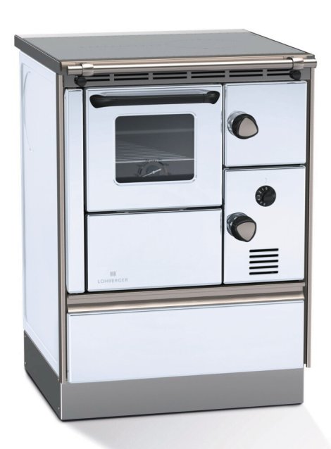 LOHBERGER Holzherd Rega 60 mit Stahlplatte 7,1 kW Weiß Anschluss links