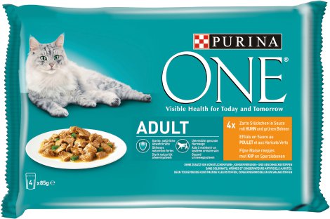 PURINA ONE® Katzennahrung Adult Huhn & grüne Bohne 4x85 g