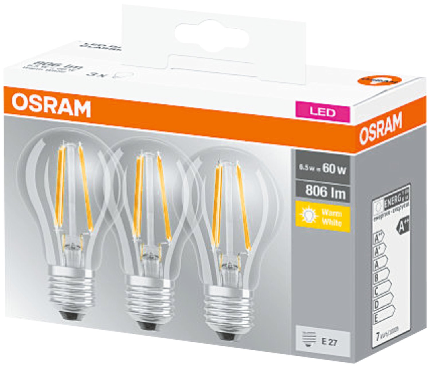 OSRAM LED-Birne Base Classic 60 E27 Filament Warmweiß 7 W, 3 Stk.