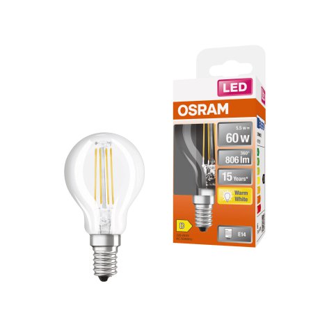 OSRAM LED-Tropfen RF CLP60 E14 Filament 6,5W, Warmweiß/klar