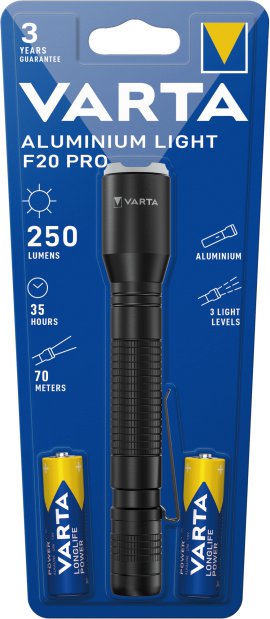 VARTA LED-Taschenlampe Aluminium Light F20 Pro inkl. 2x VARTA Longlife Power AA Batterien