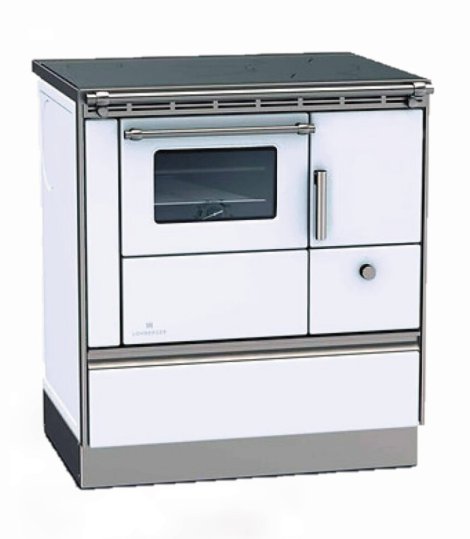 LOHBERGER Holzherd Rega 75 mit Stahlplatte 6 kW Weiß Anschluss rechts