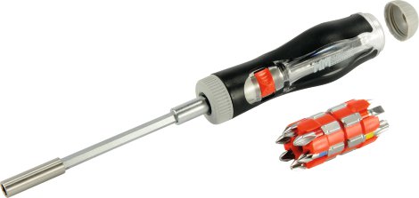 Magazinschraubendreher mit Ratschenfunktion und 12 Bits