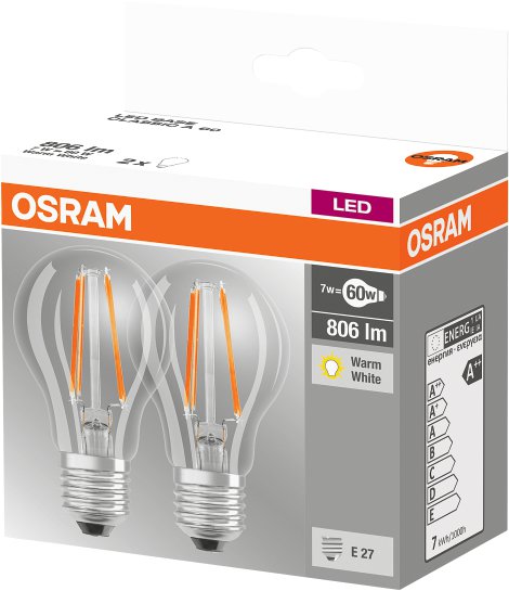 OSRAM LED-Birne Base Classic 60 E27 Filament Warmweiß 6W, 2 Stk.