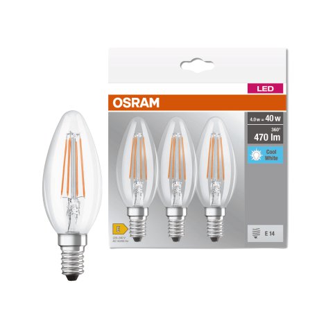 OSRAM LED-Kerze Base Classic B 40 E14 4W, Filament Kaltweiß/klar 3 Stk.