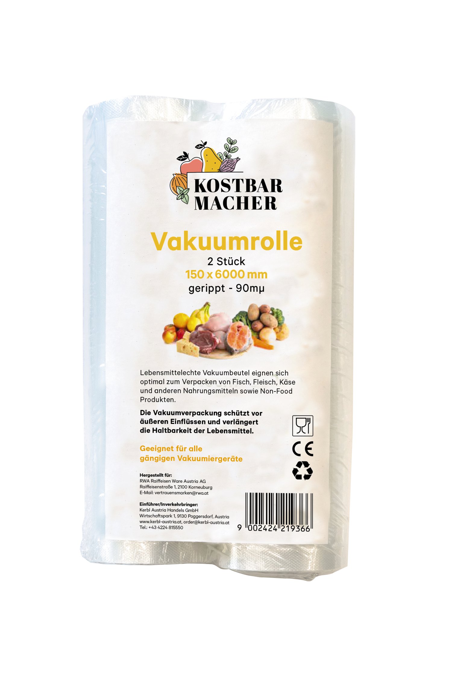 KOSTBARMACHER Vakuumrolle gerippt, 150x6000 mm, 90MY, 2 Stk.