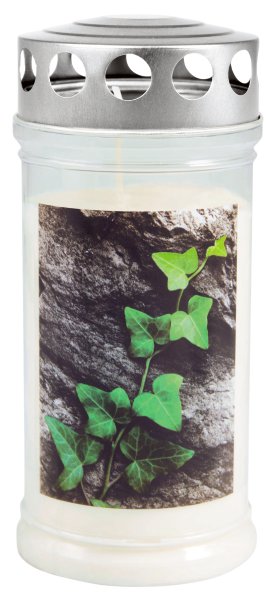 JEKA Gedenkkerze klein mit Thermo-Doppeldeckel & Motiv Efeu