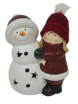 LED-Dekofigur Schneemann & Mädchen Rot/Weiß