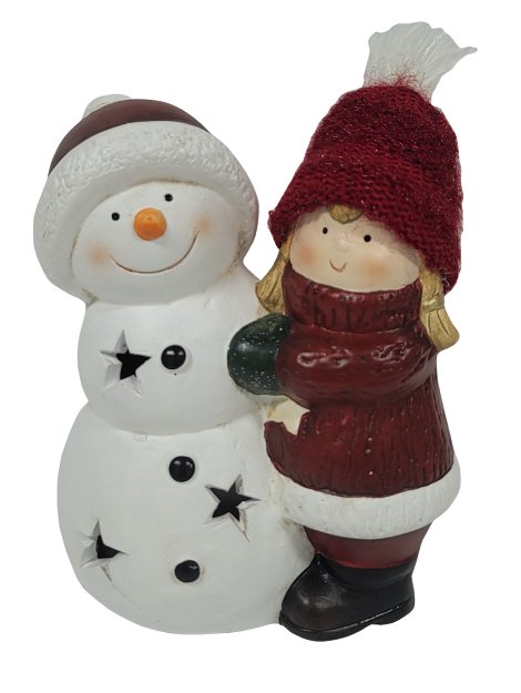 LED-Dekofigur Schneemann & Mädchen Rot/Weiß 13,4x8,8x17 cm