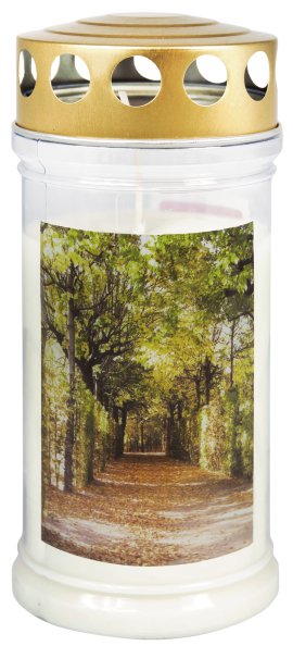 JEKA Gedenkkerze klein mit Thermo-Doppeldeckel & Motiv Baumallee