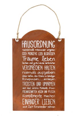 Deko-Tafel Hausordnung mit Beschriftung & Kordel 40x25 cm