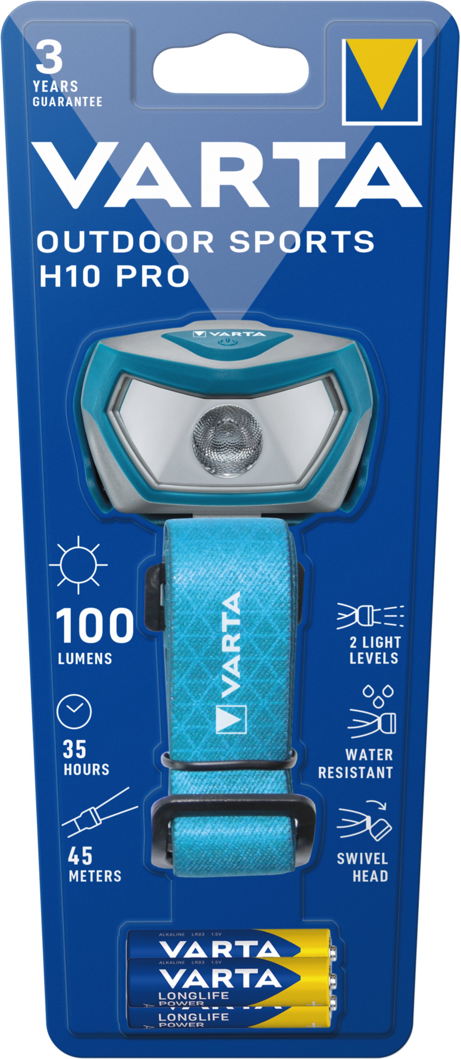 VARTA LED-Stirnlampe Outdoor Sports H10 Pro inkl. 3x VARTA Longlife Power AAA Batterien