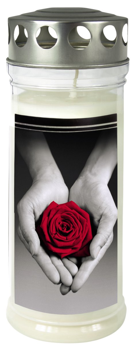JEKA Gedenkkerze groß mit Motiv Rose Hand