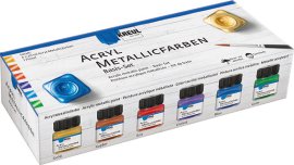 KREUL Acryl Metallicfarbe Basis-Set 6 Farben mit Pinsel