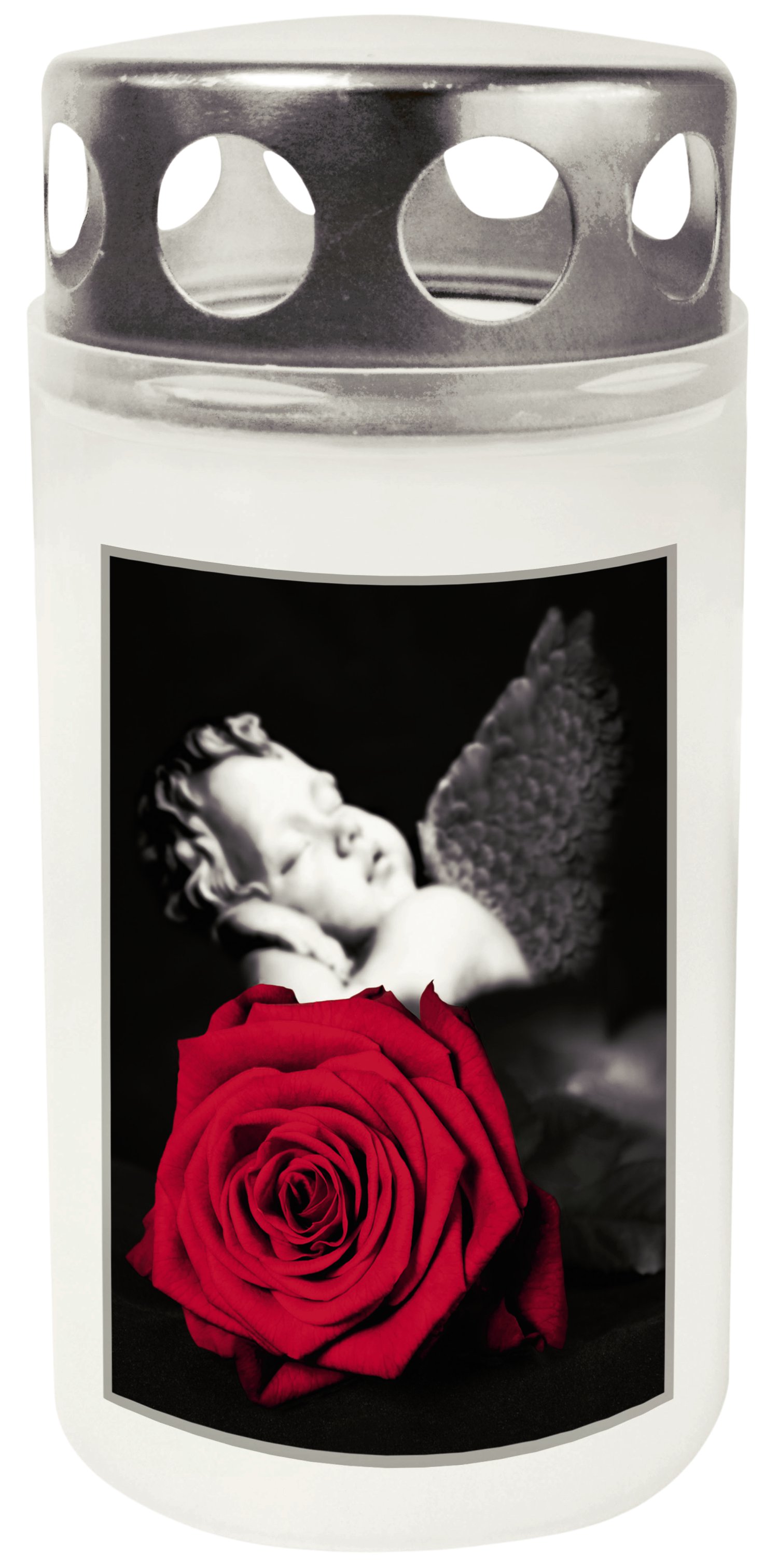 JEKA Grablicht Engel/Rose mit Silberdeckel 65x127 mm (ØxH), Weiß