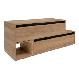 Waschtisch-Unterschrank VITA mit 2 Schubladen (untere nach rechts versetzt),  Abdeckplatte, Griffleisten schwarz, 1 offenes Fach links, Korpus+Front Summer-Oak-Optik 128,7x46,5x51,6 cm (BxTxH)