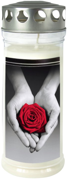 JEKA Gedenkkerze gross mit Motiv Rose + Hand