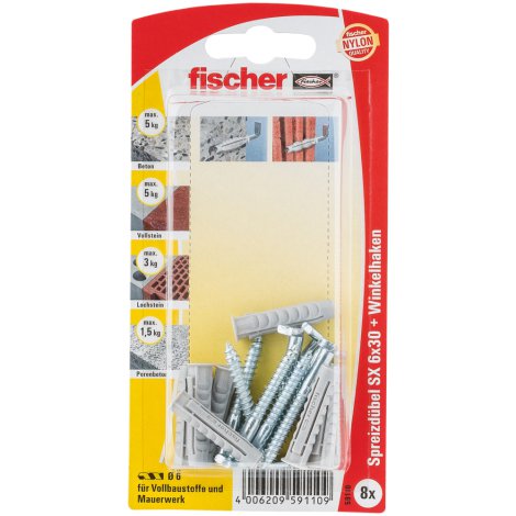 FISCHER Dübel SX Plus 6x30 mm WHK NV Plug/Hook 8 Stk.