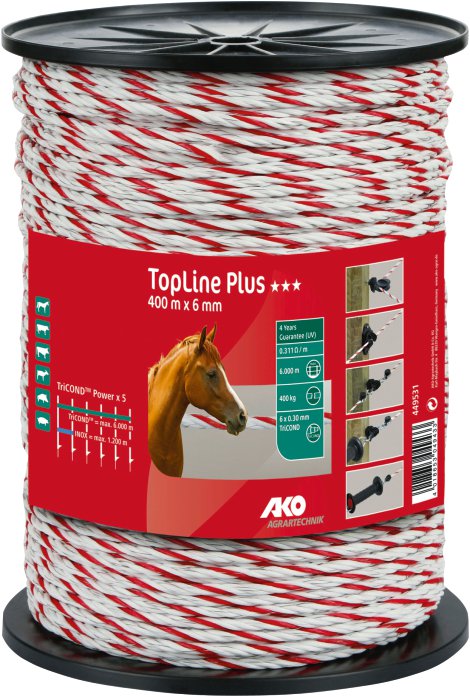 AKO TopLine Plus Weidezaunseil 400 m, Ø 6 mm, weiß/rot
