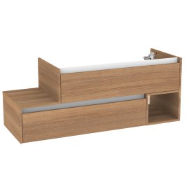 Waschtisch-Unterschrank VITA mit 2 Schubladen (untere nach links versetzt) Griffleisten weiß, 1 offenes Fach rechts, Korpus+Front Summer-Oak-Optik 128,5x46x50 cm (BxTxH),