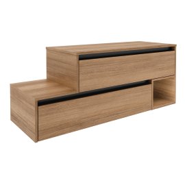 Waschtisch-Unterschrank VITA mit 2 Schubladen (untere nach links versetzt) & Abdeckplatte, Griffleisten schwarz, 1 offenes Fach rechts, Korpus+Front Summer-Oak-Optik 128,7x46,5x51,6 cm (BxTxH)