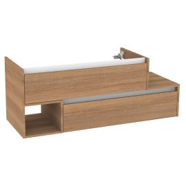 Waschtisch-Unterschrank VITA mit 2 Schubladen (untere nach rechts versetzt), Griffleisten weiß, 1 offenes Fach links, Korpus+Front Summer-Oak-Optik 128,5x46x50 cm (BxTxH)