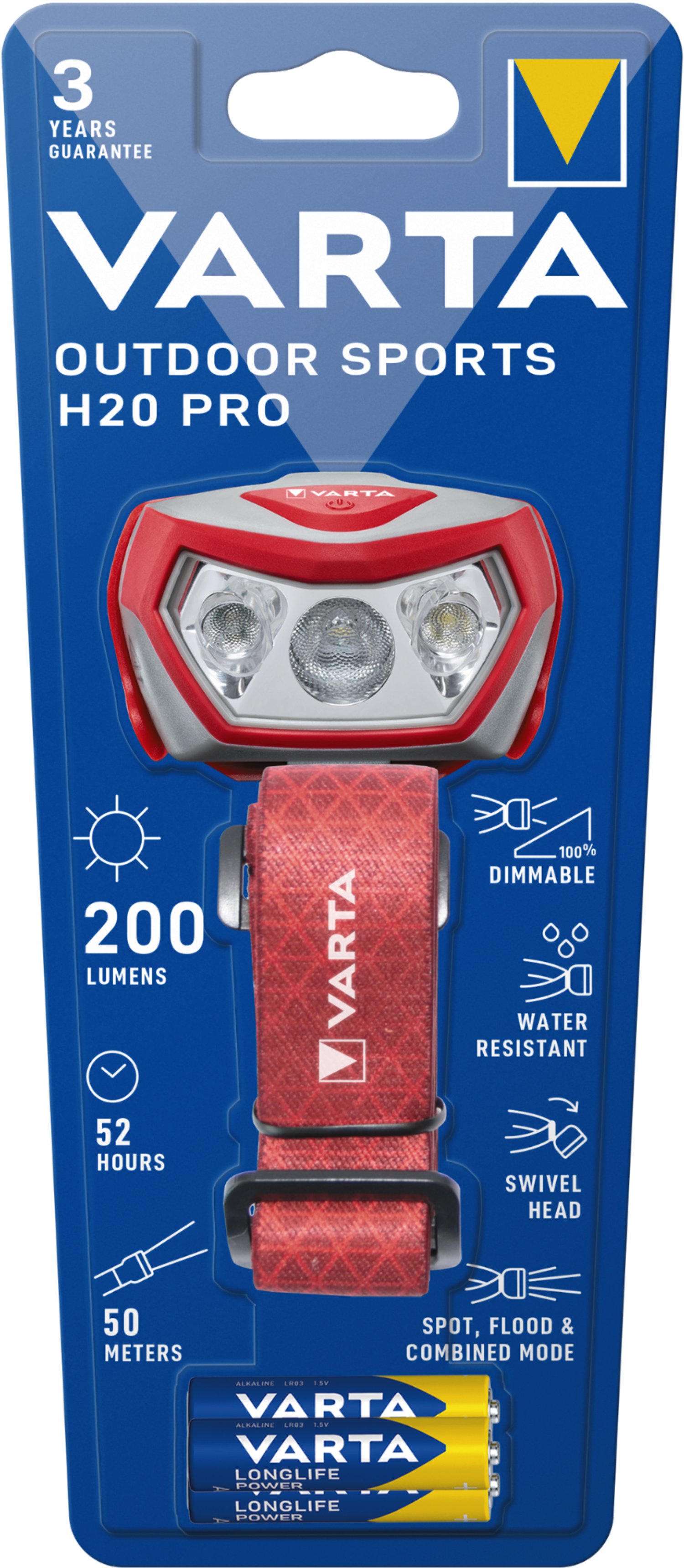 VARTA LED-Stirnlampe Outdoor Sports H20 Pro inkl. 3x VARTA Longlife Power AAA Batterien