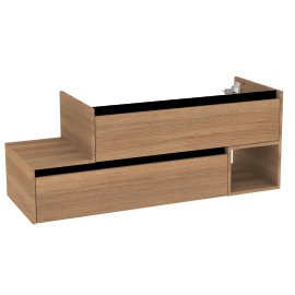 Waschtisch-Unterschrank VITA mit 2 Schubladen (untere nach links versetzt) Griffleisten schwarz, 1 offenes Fach rechts, Korpus+Front Summer-Oak-Optik 128,5x46x50 cm (BxTxH)