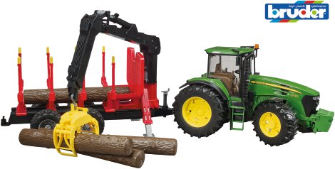 Traktor John Deere Rückeanhänger mit Kran und Baumstämme