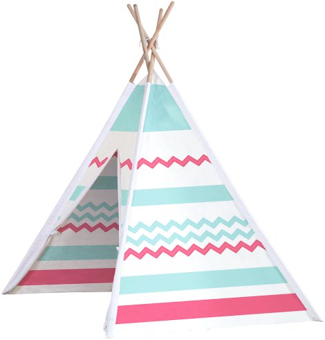 Zelt Tipi mit Holzstangen Blau/Rot