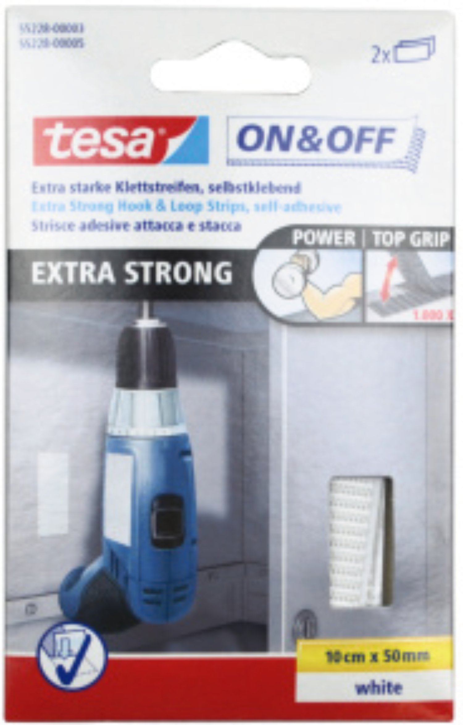TESA Klettstreifen extrastark Weiß 50x100 mm