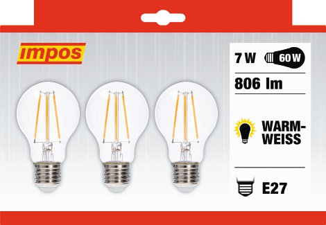 IMPOS LED-Birne klar warm-weiß E27 7W, 3 Stk.
