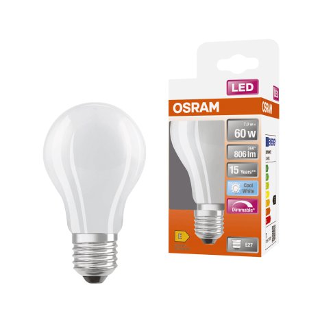 OSRAM LED-Birne Retrofit Classic 60, dimmbar E27, Kaltweiß/matt 7 W