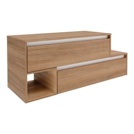 Waschtisch-Unterschrank VITA mit 2 Schubladen (untere nach rechts versetzt) & Abdeckplatte, Griffleisten weiß, 1 offenes Fach links, Korpus+Front Summer-Oak-Optik 128,7x46,5x51,6 cm (BxTxH)