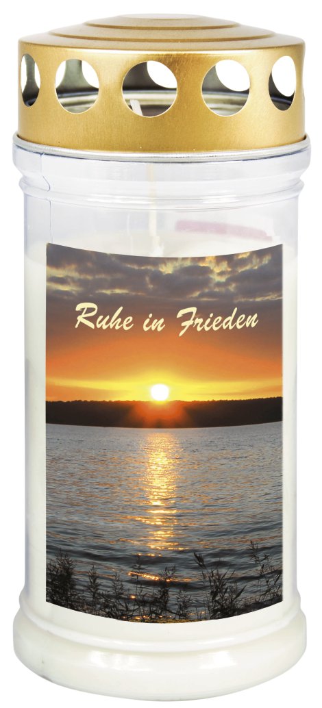 JEKA Gedenkkerze klein mit Thermo-Doppeldeckel & Motiv Sonnenuntergang