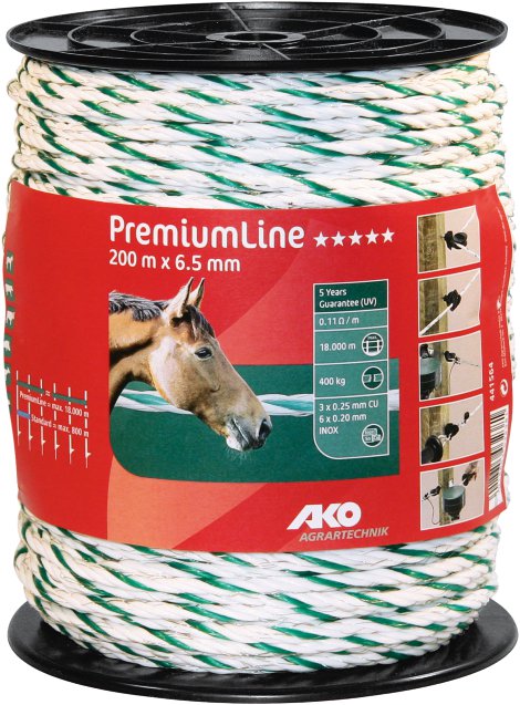 AKO PremiumLine Weidezaunseil 200 m, Ø 6,5 mm, weiß/grün