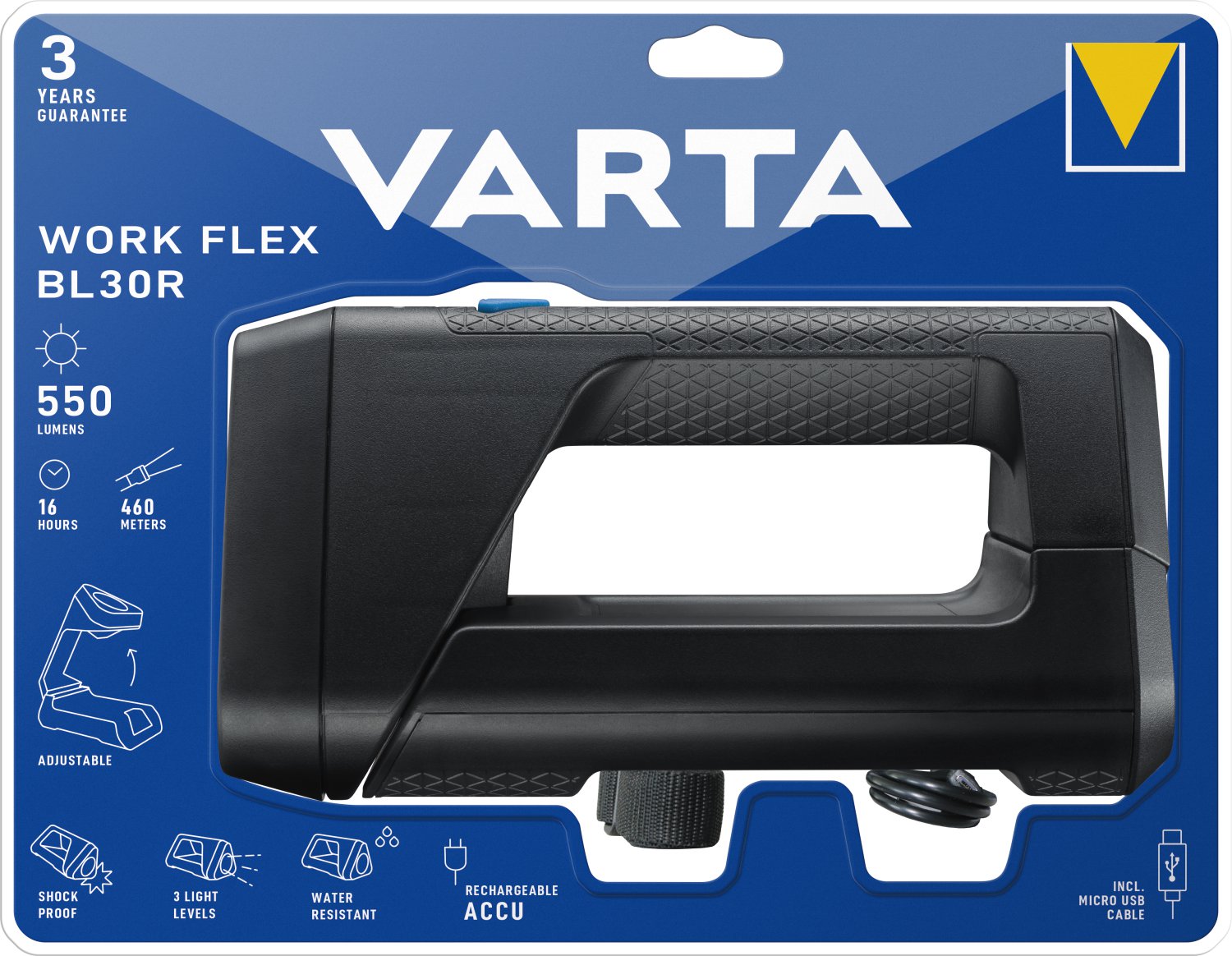 VARTA LED-Arbeitsleuchte Work Flex® BL30R mit wiederaufladbarem Li-Ion-Akku