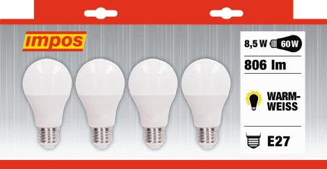 IMPOS LED-Birne matt warm-weiß E27, 8W, 4 Stk.