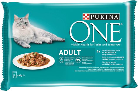 PURINA ONE® Katzennahrung Adult Hochseefisch & grüne Bohne 4x85 g
