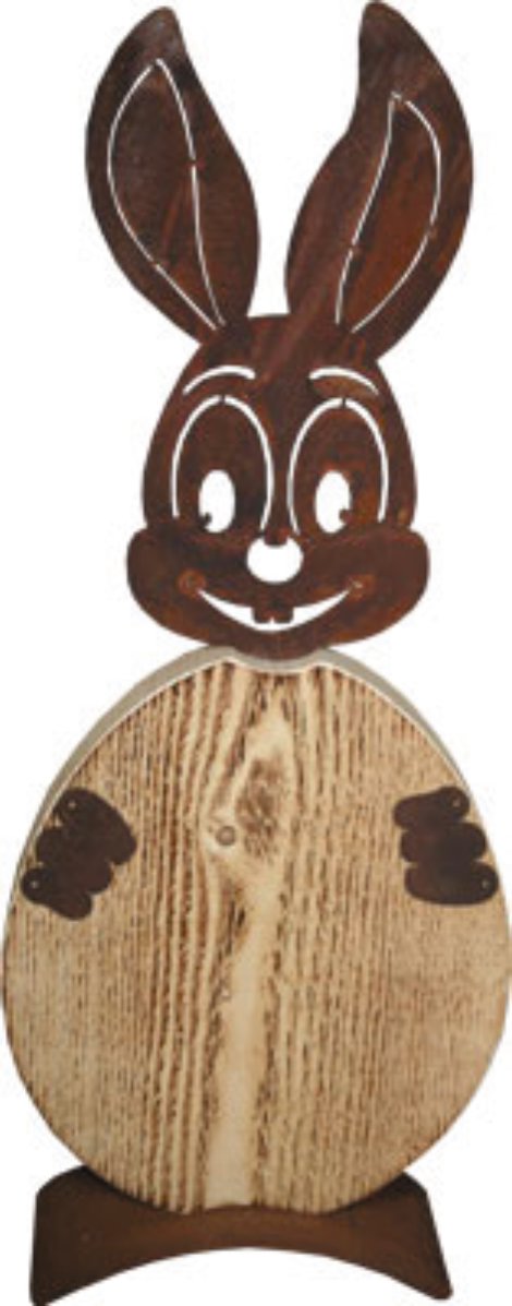 Gartenfigur Holzhase Rost mit Holzei + Bodenplatte 27x70 cm (BxH)
