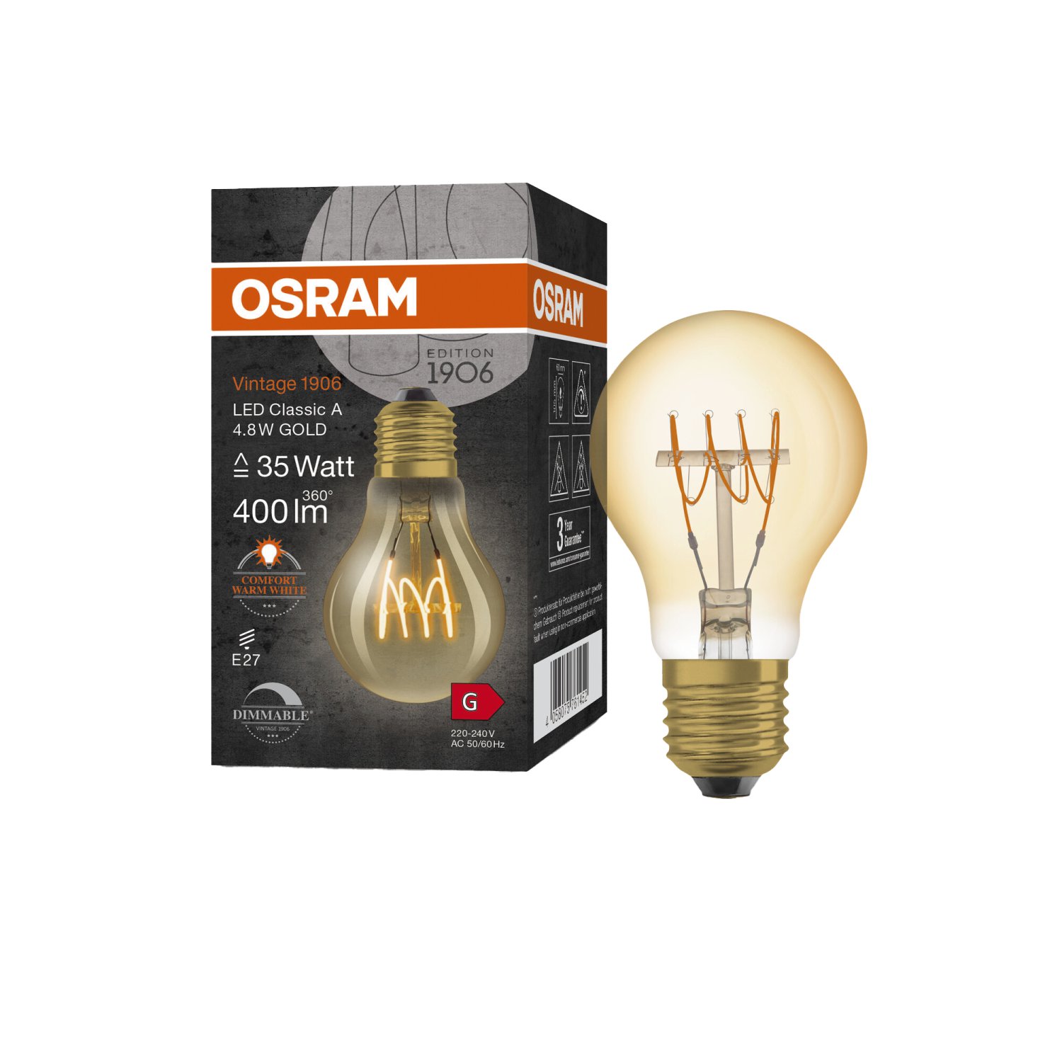 OSRAM LED-Birne 1906 CLA D Filamentment GD E27 4,8W Warmweiß