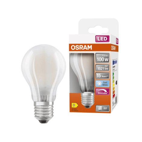 OSRAM LED-Birne Retrofit Classic 100, dimmbar E27, Kaltweiß/matt 11W