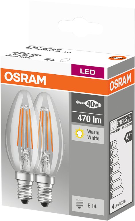 OSRAM LED-Kerze Base Classic B 40 E14 4W, Filament weiß/klar 2 Stk.