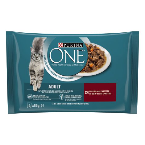 PURINA ONE® Adult zarte Stückchen in Sauce mit Rind und Karotten 4x85 g