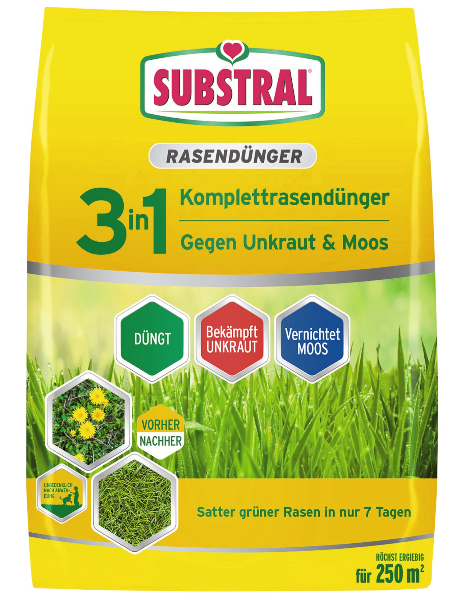 SUBSTRAL® 3 in 1 Rasendünger - Unkraut- und Moosvernichter für 87 m²