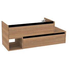 Waschtisch-Unterschrank VITA mit 2 Schubladen (untere nach rechts versetzt), Griffleisten schwarz, 1 offenes Fach links, Korpus+Front Summer-Oak-Optik 128,5x46x50 cm (BxTxH)